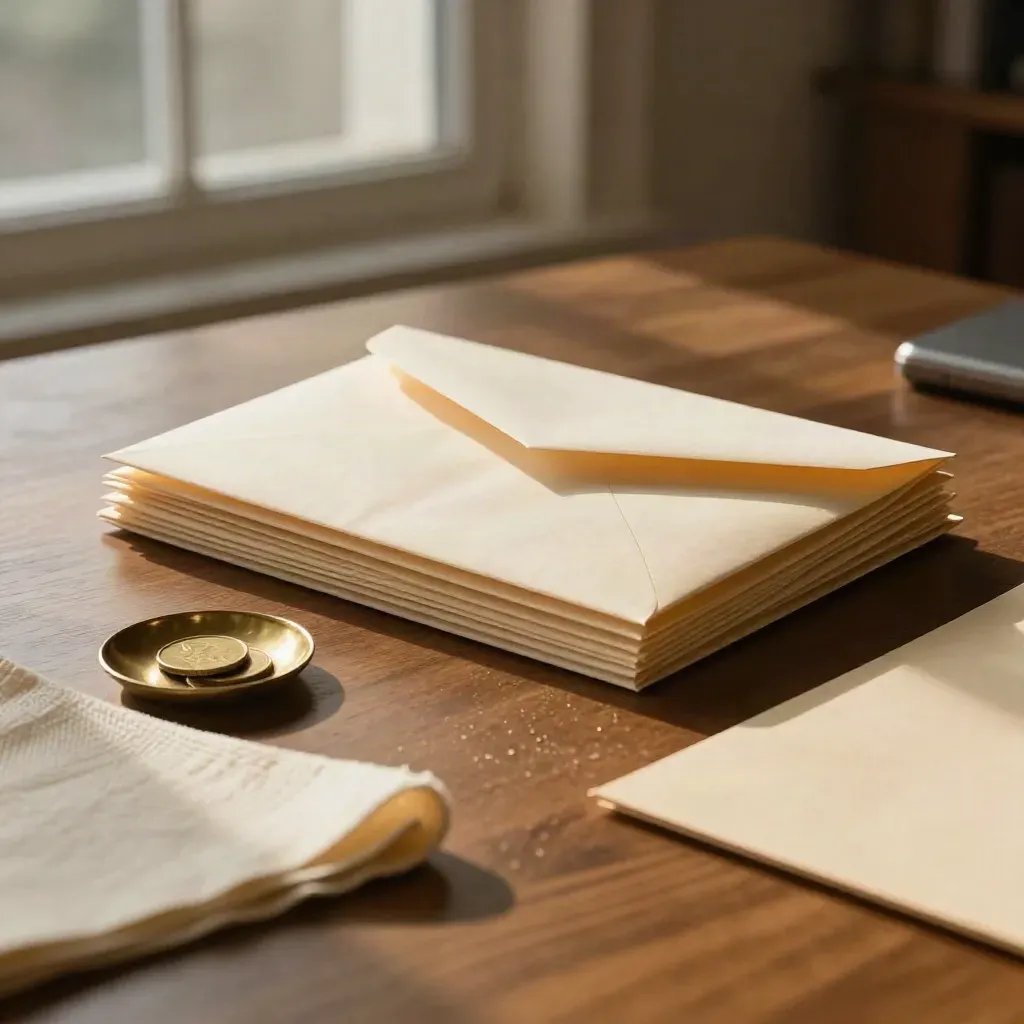 Stypendialna koperta, mosiężna miseczka i folder na jasnym biurku w ciepłym świetle.