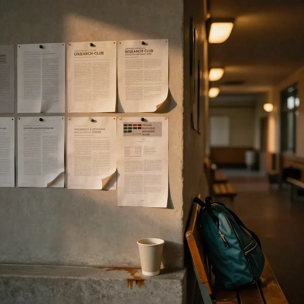 Ulotki koła naukowego na tablicy, torba na ławce i ślad po kawie przy pustym korytarzu.