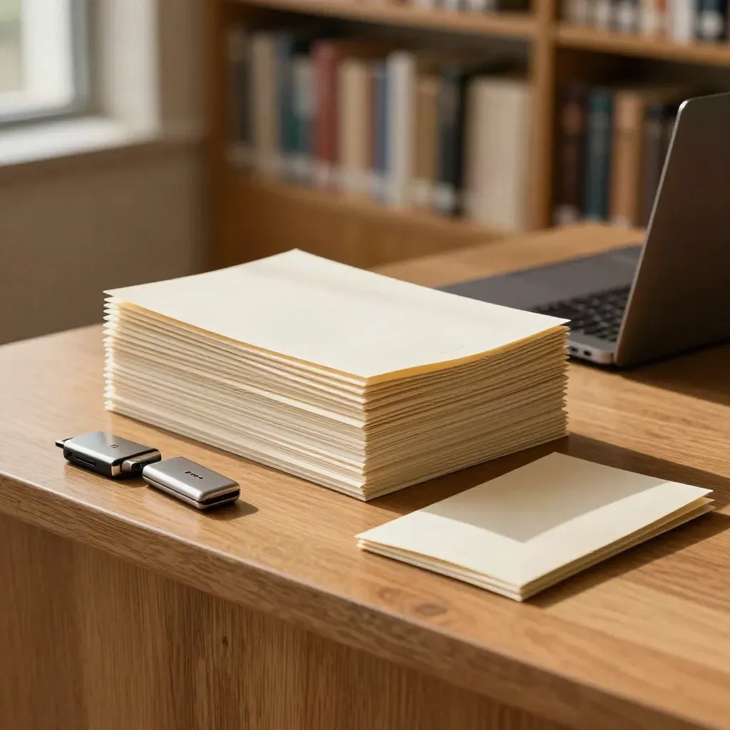 Pakiety materiałów do pobrania na drewnianym ladzie biblioteki, obok laptopa i pendrive’ów.